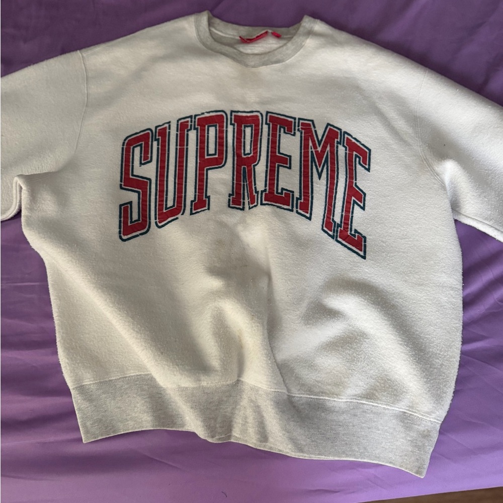 Supreme White Crewneck Sweater with Red Logo